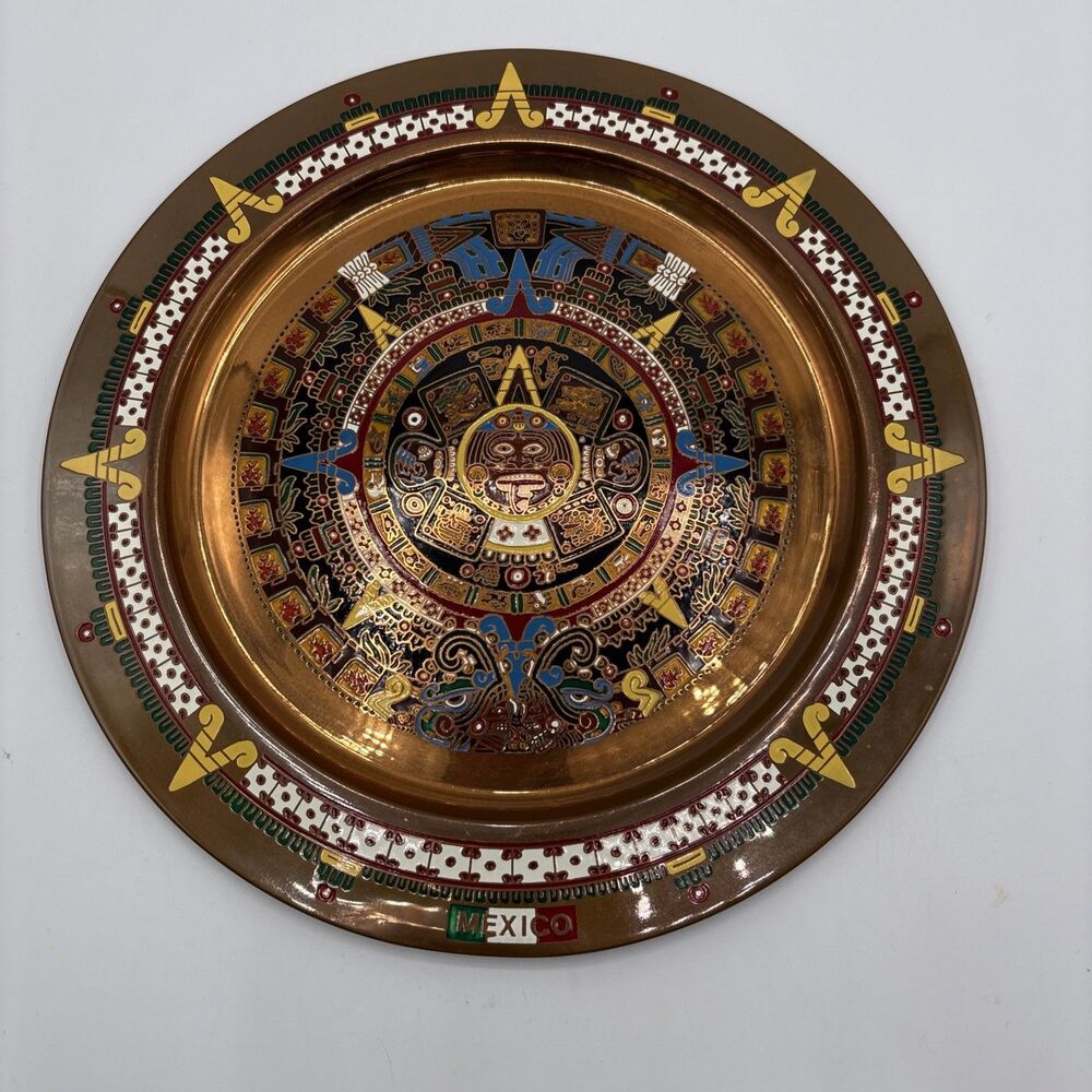 11" Brass Plate Mexico Aztec Mayan Calendar Mexicana Art Wall Decor Vintage